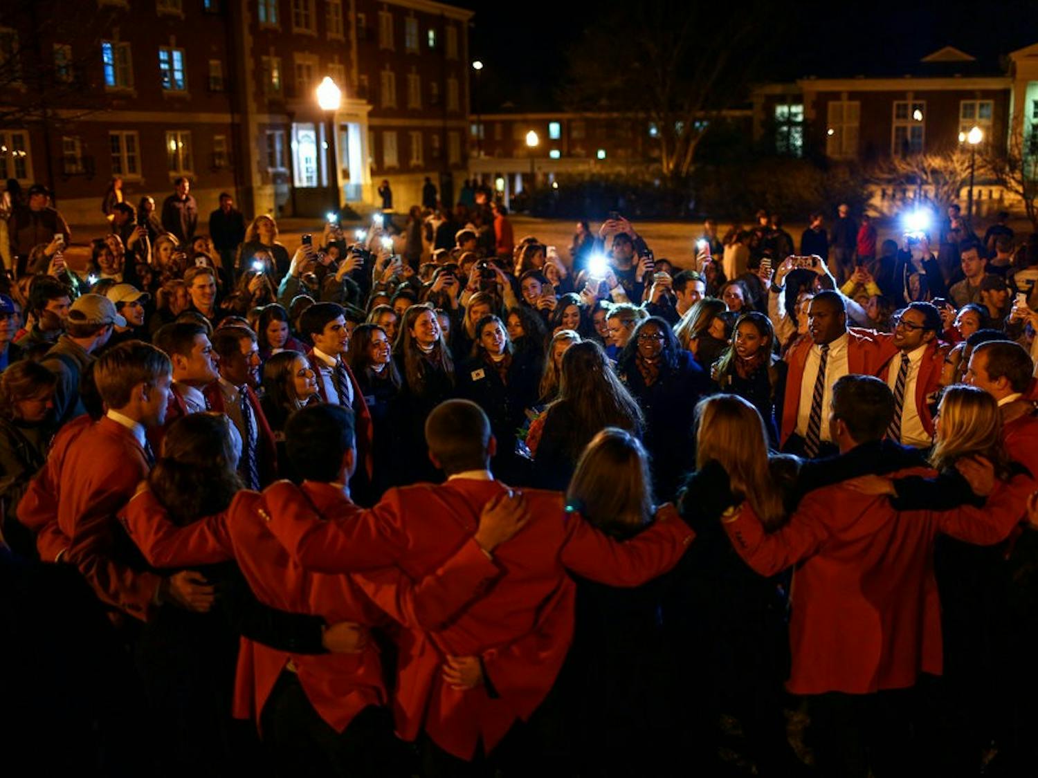 The War Eagle Girls and Plainsmen sing to Lauren Jones, Miss Auburn 2015, after the SGA and Miss Auburn callouts Feb 10, 2015. (File photo) 