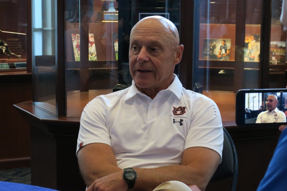 Auburn offensive line coach&nbsp;J.B. Grimes being interviewed on August 16, 2018, in Auburn, Ala.