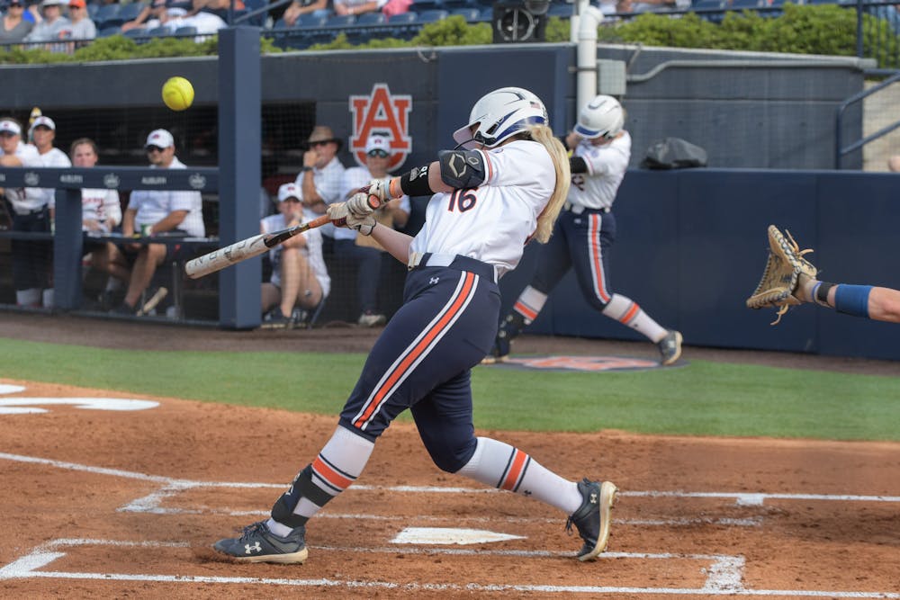 Auburn Softball loses first game in the series against Kentucky during a rain delayed Senior Day for Abie Lowe (#55) at Jane B. Moore Field on April 20th 2024