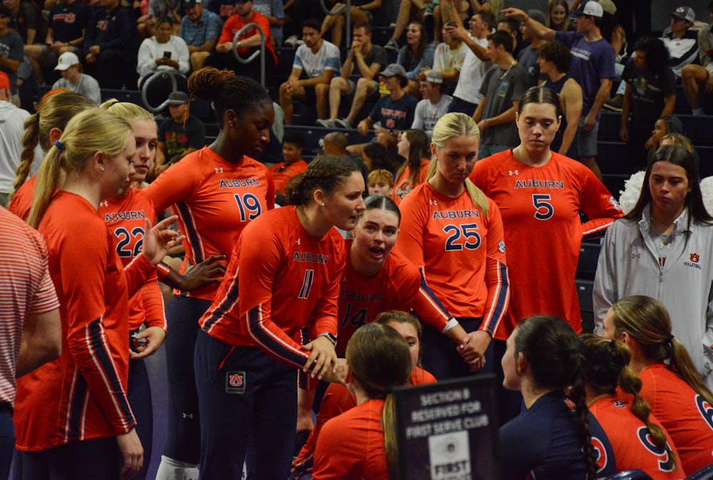 Auburn Volleyball during a timeout in the Florida game at Neville Arena on September 22nd.