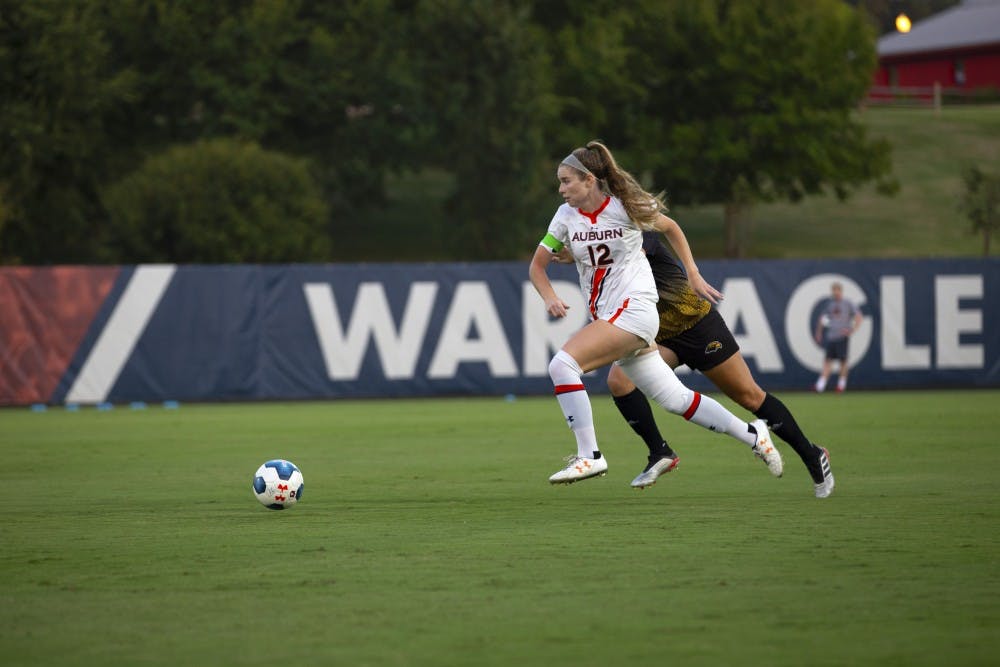 <p>Sarah Houchin (12) steals the ball during the Auburn vs. Southern Miss game Sept. 13, 2019, in Auburn, Alabama.</p>