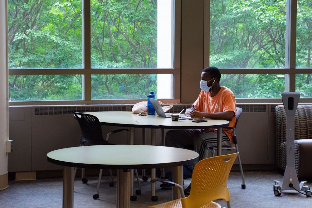 Large study areas in the library have been broken up into smaller areas to allow for social distancing.