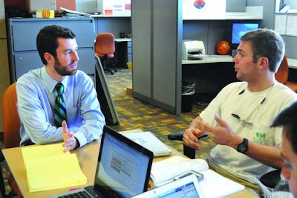 SGA President-elect Owen Parrish meets with Wesley Clendinen, senator from the College of Agriculture. (Christen Harned / ASSISTANT PHOTO EDITOR)