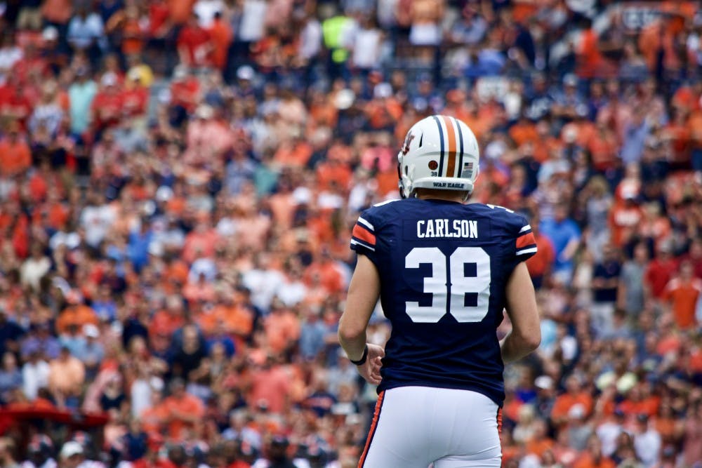Daniel Carlson (38) looks upfield as he prepares to kickoff the opening drive. Auburn vs Ole Miss on Saturday, Oct. 7 in Auburn, Ala.