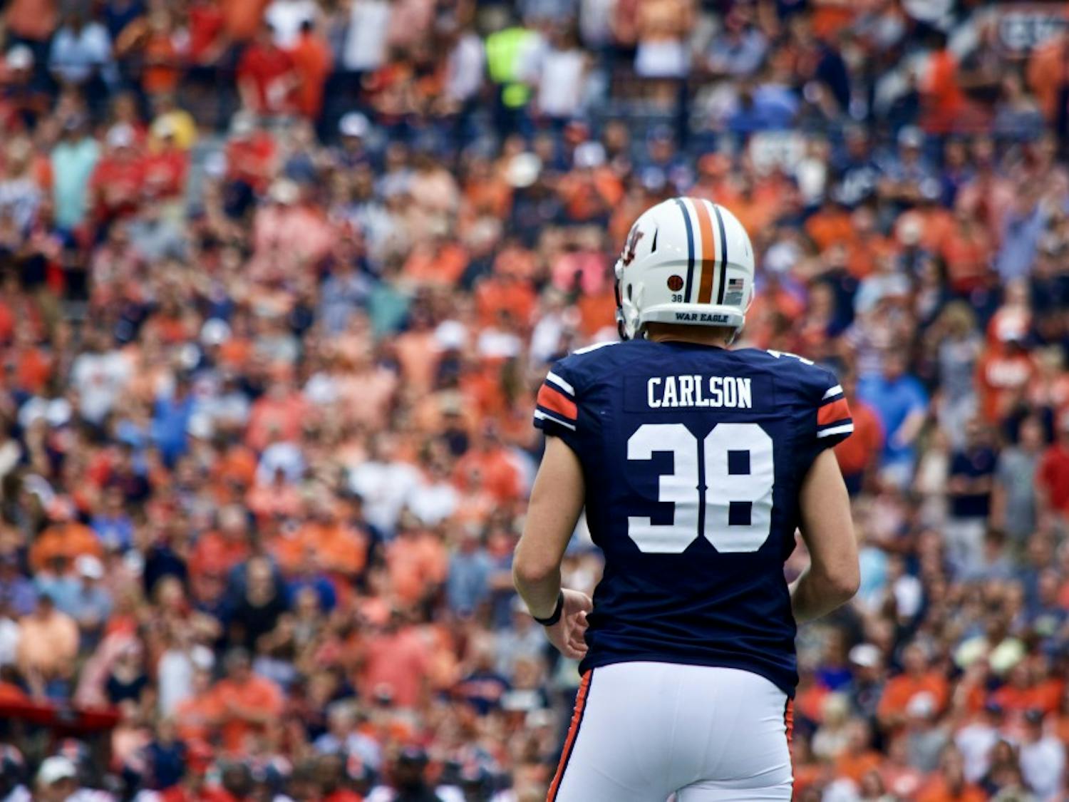 Daniel Carlson (38) looks upfield as he prepares to kickoff the opening drive. Auburn vs Ole Miss on Saturday, Oct. 7 in Auburn, Ala.
