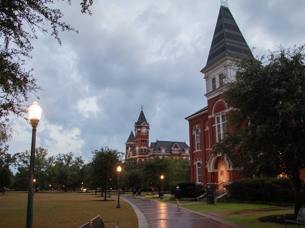 A view of Hargis and Samford Hall on a cloudy evening