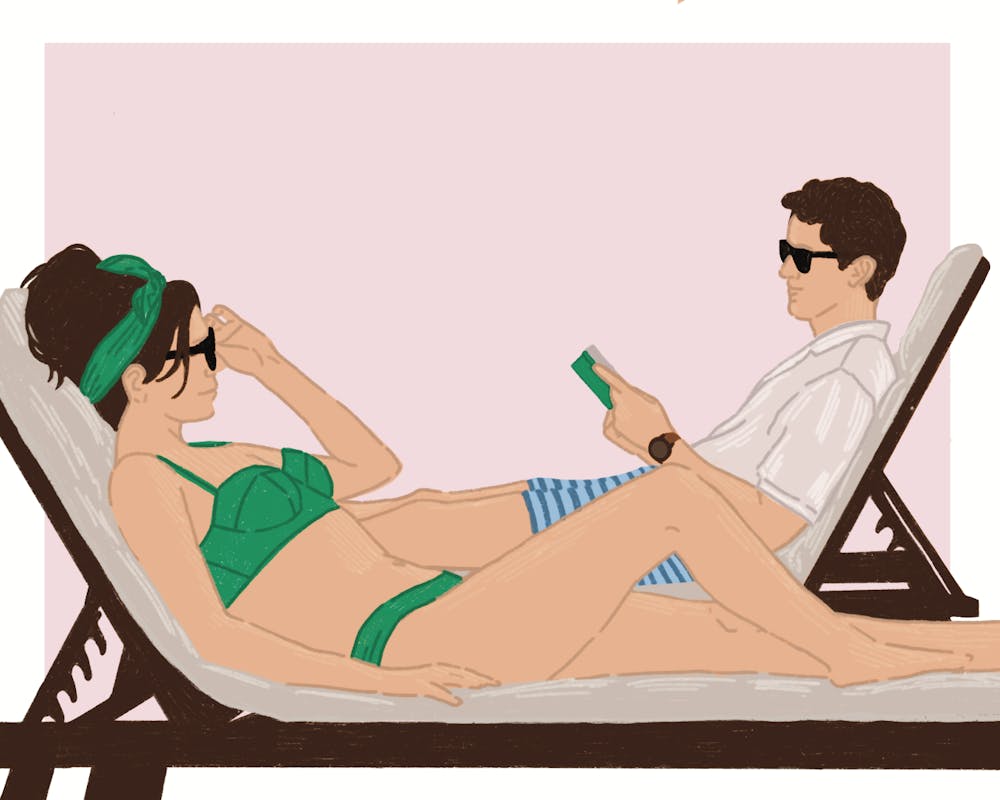 <p>Two figures in vacation clothing lying down on beach chairs, facing towards each other and smiling.</p>