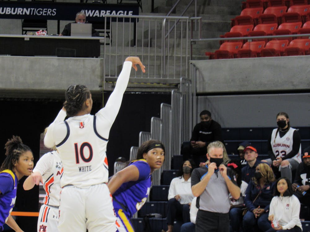 <p>Nov. 4, 2021; Kiyae' White (10) shoots the ball during an exhibition match between Auburn and Miles College at Auburn Arena in Auburn, Ala.</p>
