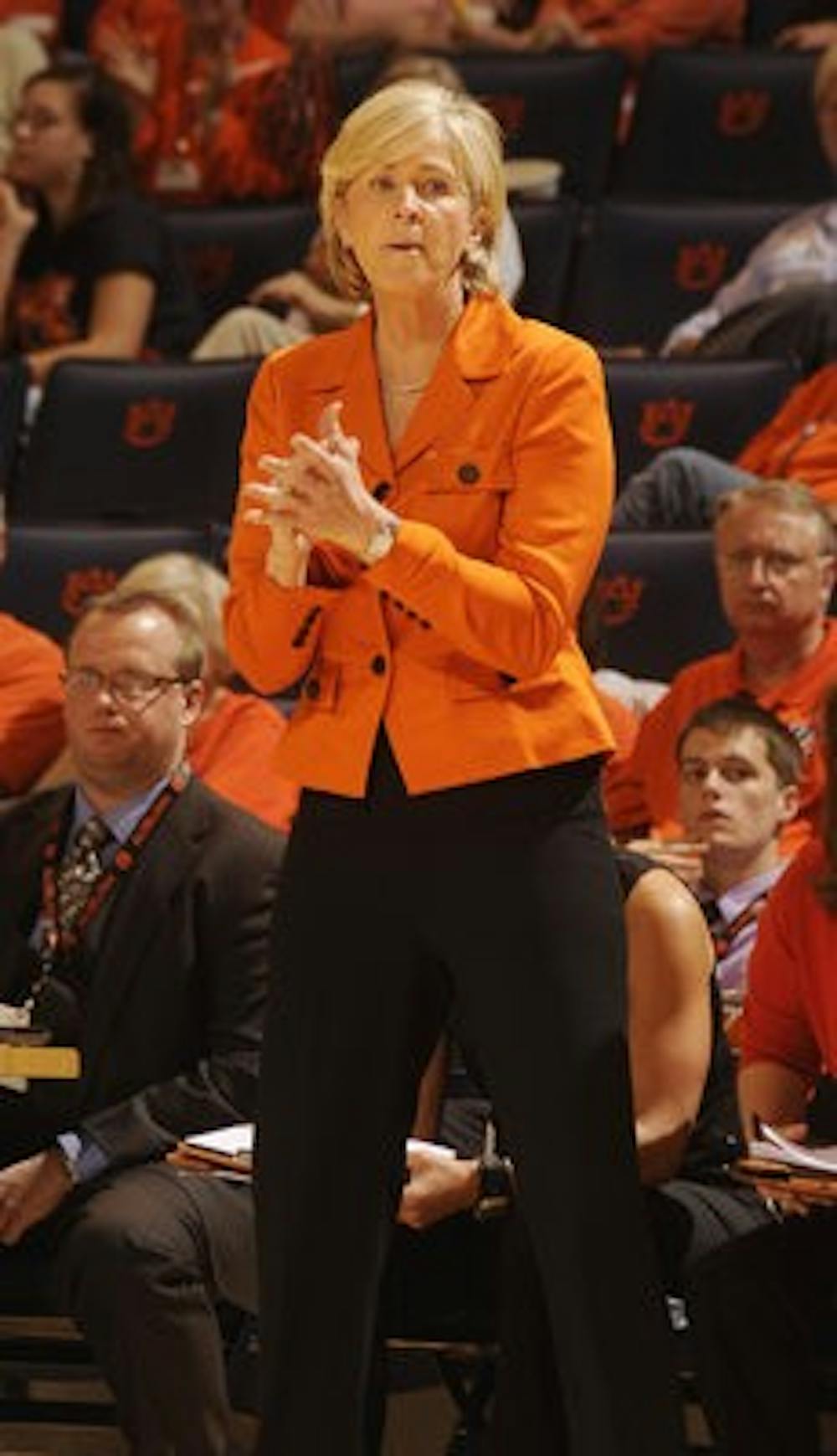 Nell Fortner coaches from the sidelines during Thursday night's game against Alabama.  Auburn to Alabama falls 59-51. (Leffie V. Dailey/AUBURN MEDIA RELATIONS)