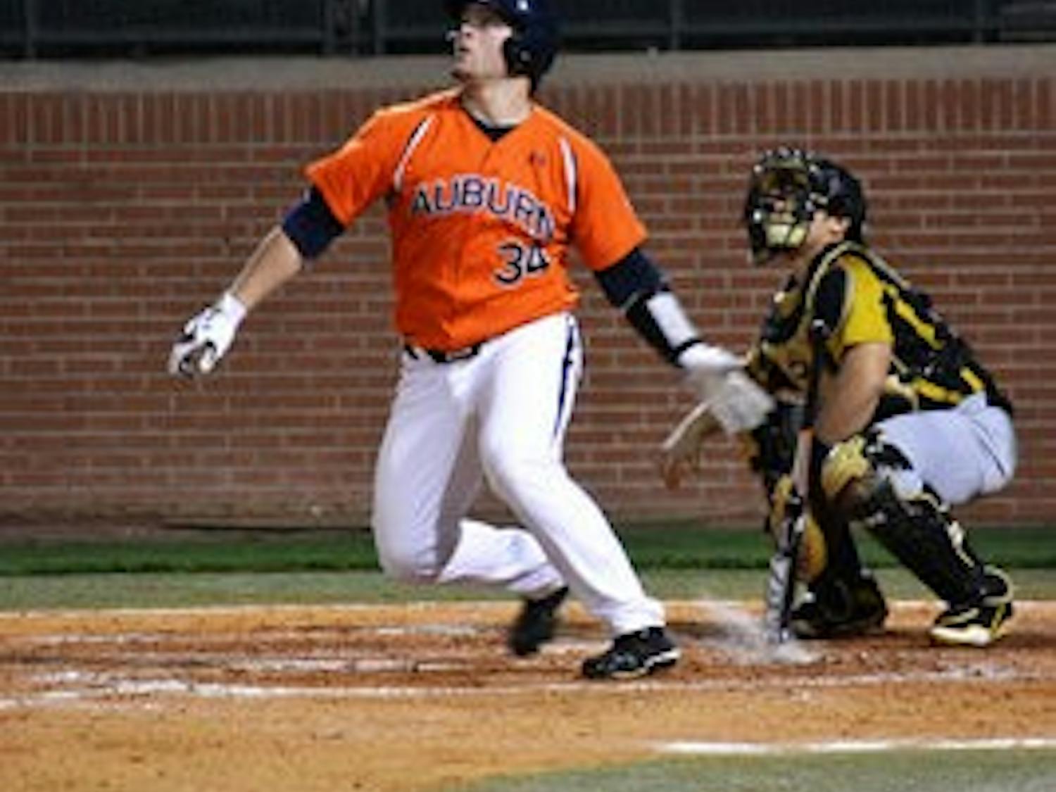 Sophomore catcher Blake Austin bats during the game against Alabama State Tuesday afternoon. (Danielle Lowe / ASSISTANT PHOTO EDITOR)
