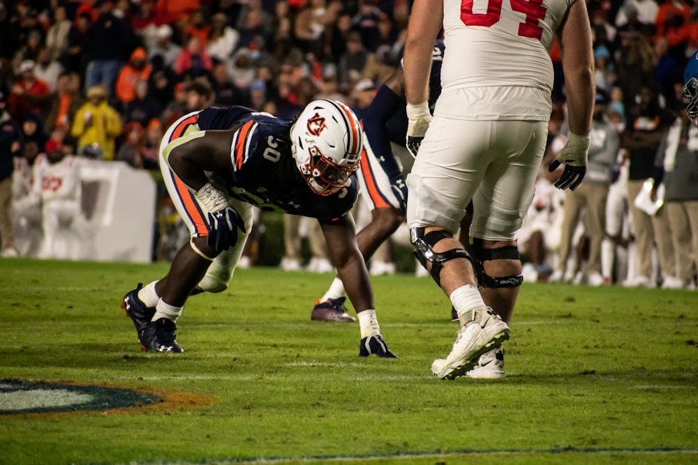 <p>Marcus Harris lining up on defense during a football game between Ole Miss and Auburn on Oct. 30, 2021, from Jordan-Hare Stadium in Auburn, AL, USA.</p>