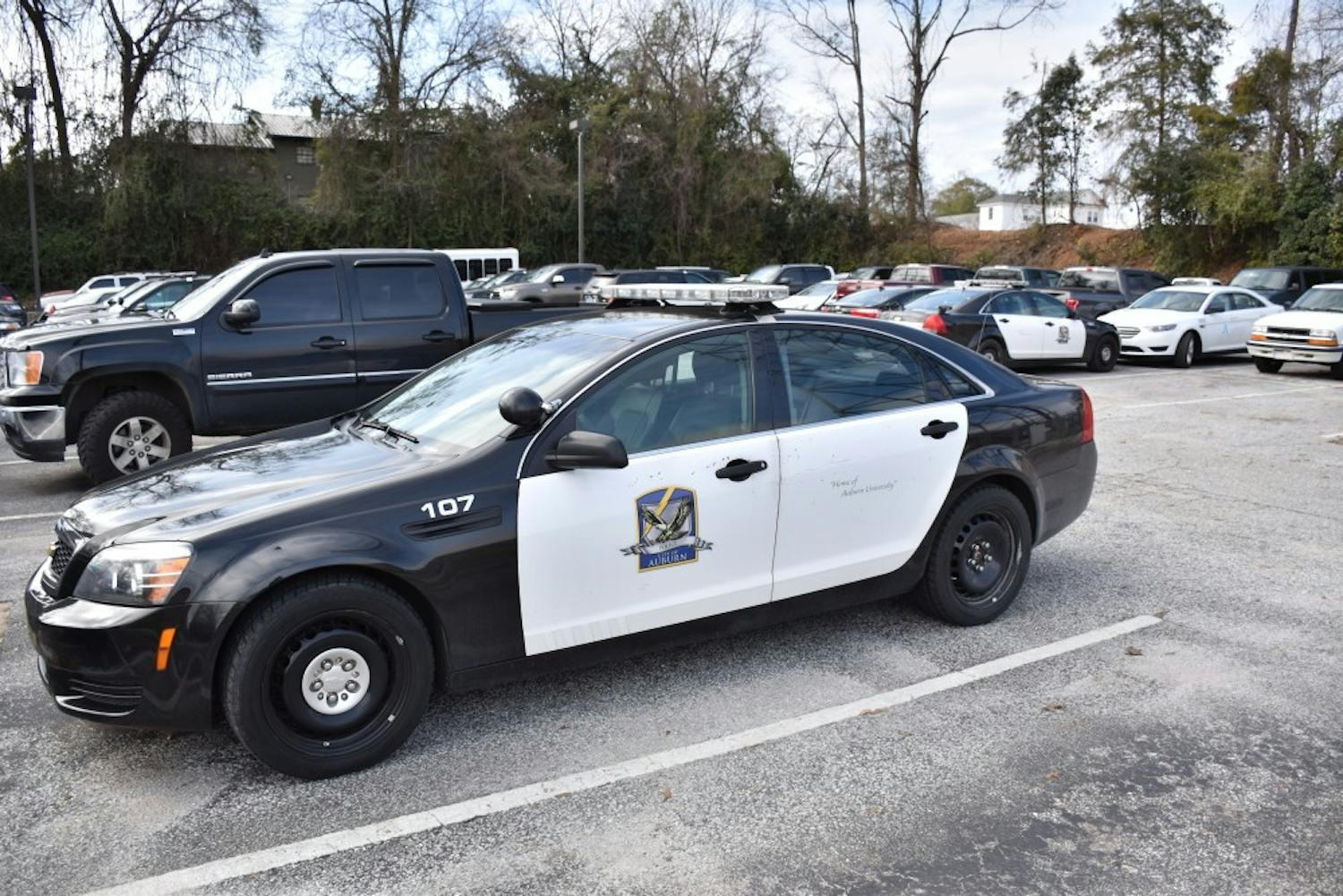 An Auburn Police Department car sits parked outside of the public safety department building on Friday, Feb. 9, 2018, in Auburn, Ala.
