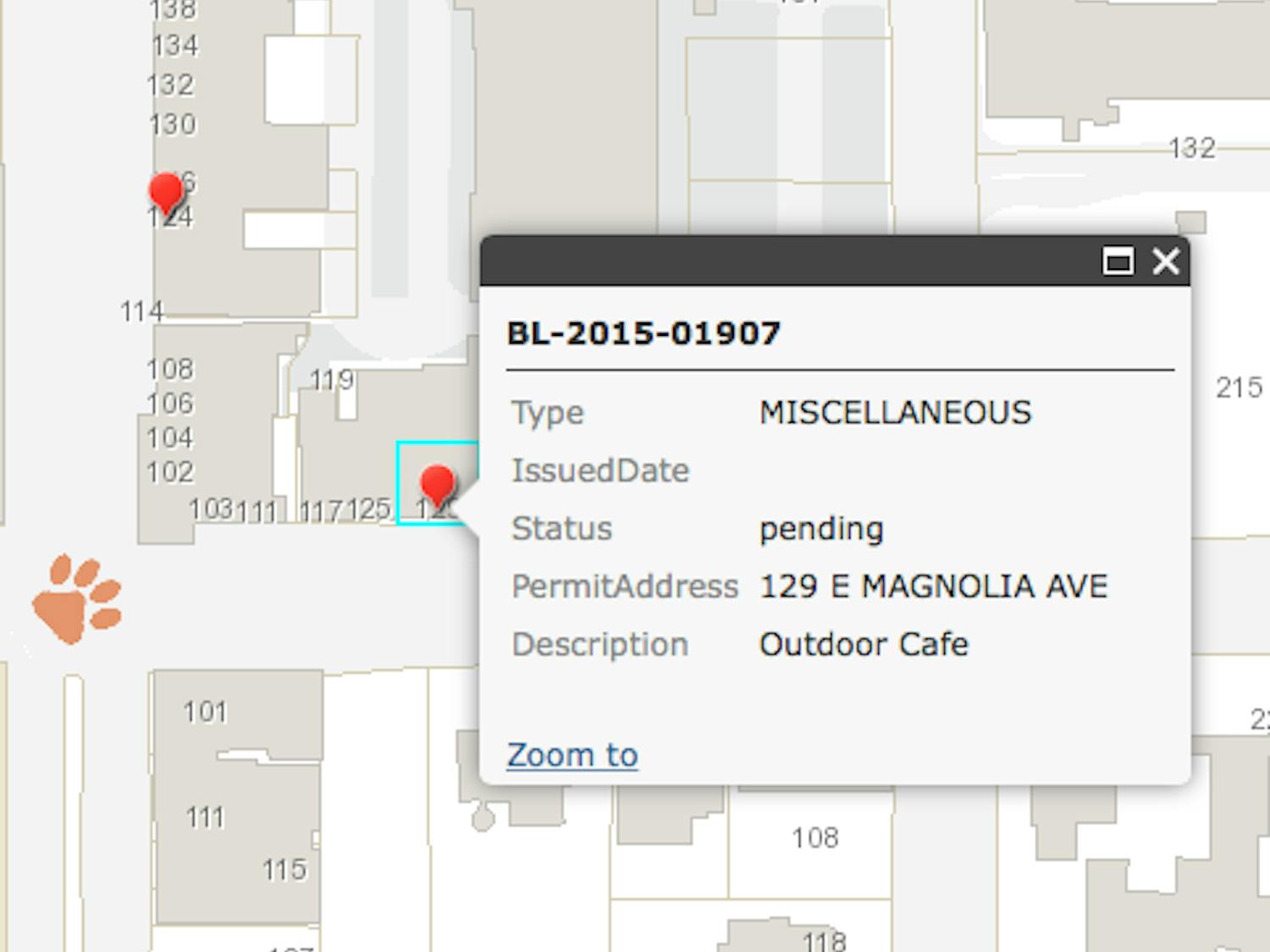 The interactive map displays detailed information for each construction permit. A permit for Little Italy Pizzeria is shown.