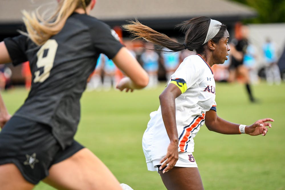 <p>Auburn women's soccer player Hailey Whitaker defending against Vanderbilt's Alex Kerr in a match between Auburn and Vanderbilt at Auburn Soccer Complex on September 30, 2022.</p>