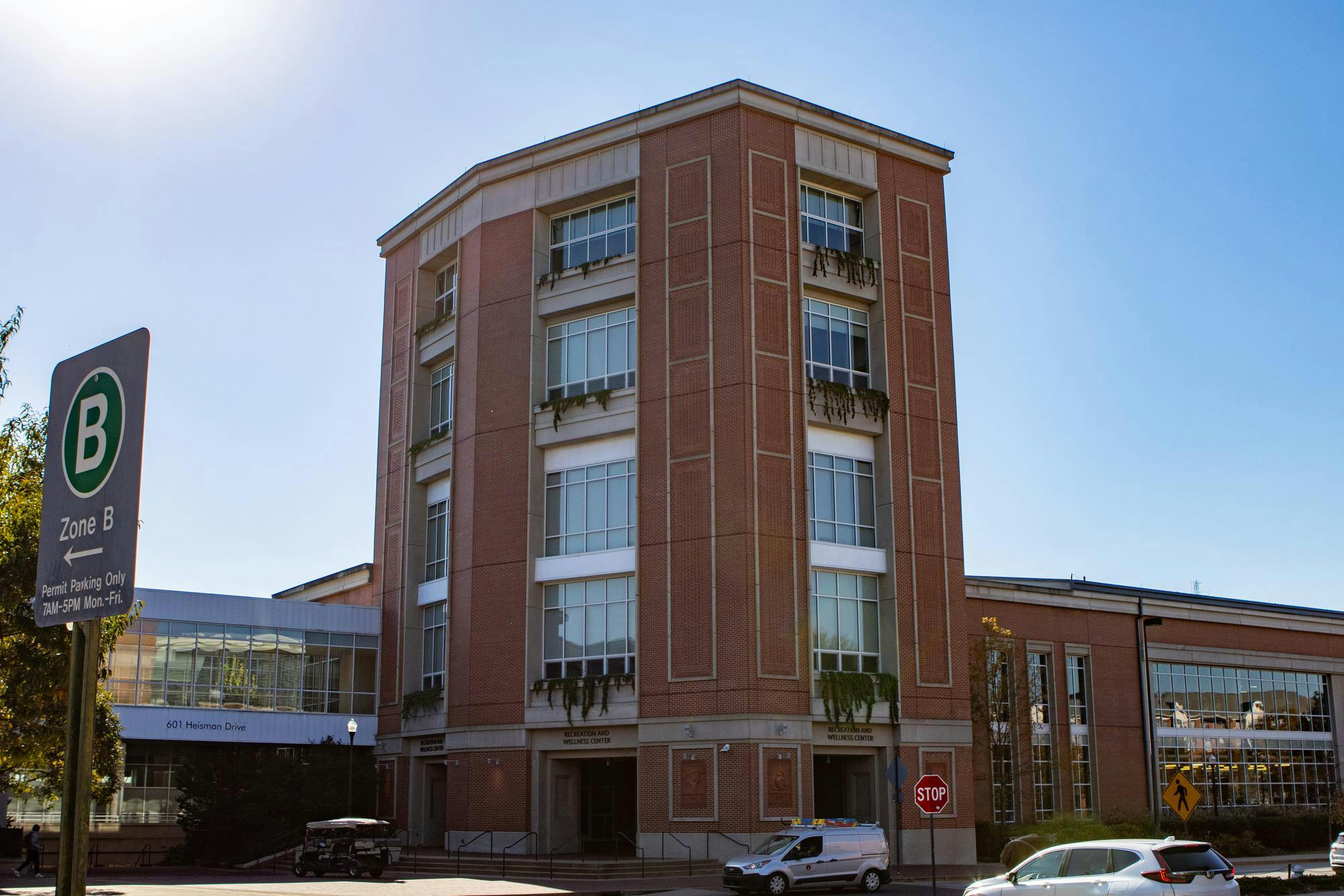 The main tower entrance of Auburn University's Recreation and Wellness Center stands above nearby traffic on Nov. 14, 2025.