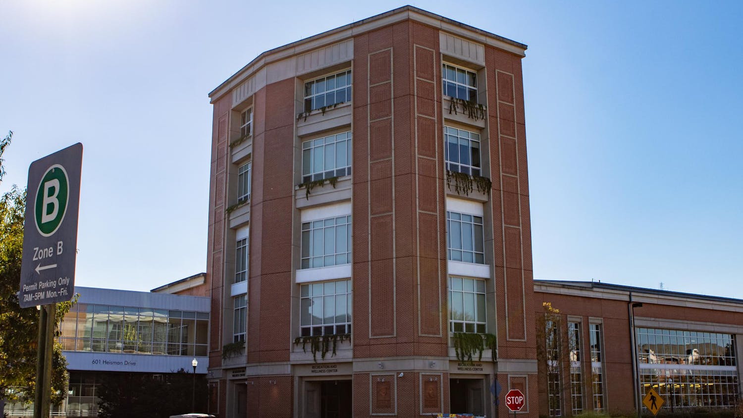 The main tower entrance of Auburn University's Recreation and Wellness Center stands above nearby traffic on Nov. 14, 2025.