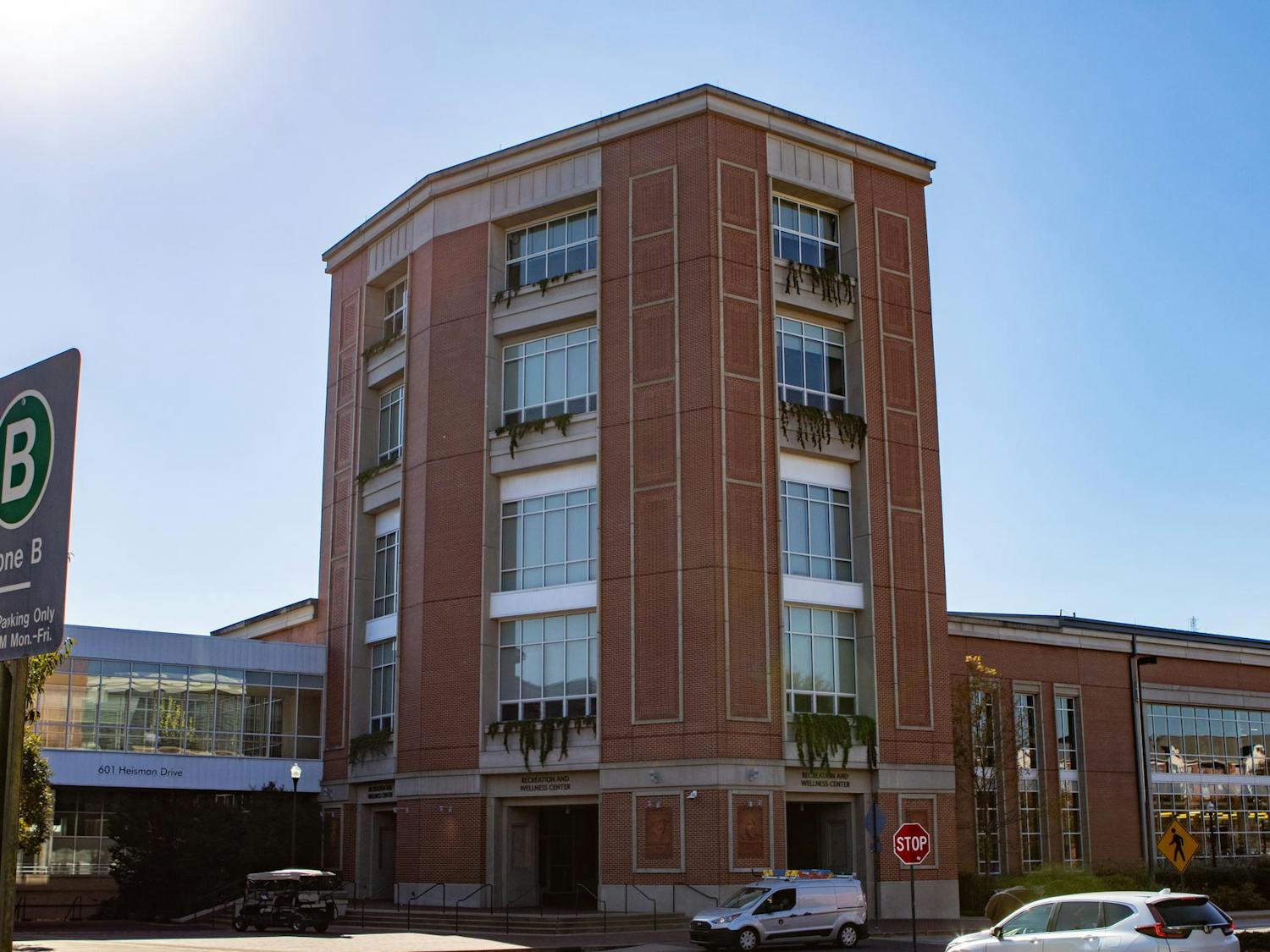 The main tower entrance of Auburn University's Recreation and Wellness Center stands above nearby traffic on Nov. 14, 2025.