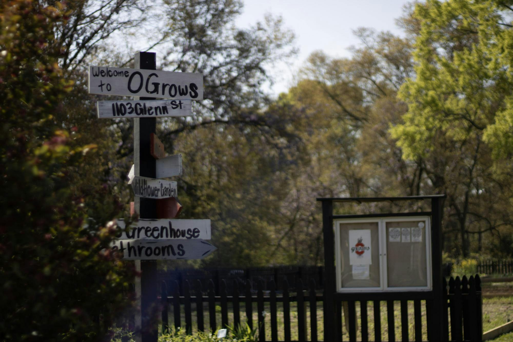 Signage in front of the entrance to the O Grows Community Garden on Saturday, March 21.