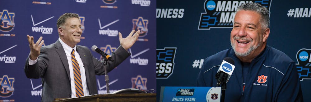 <p>Left: Bruce Pearl speaks to an audience of media and students at his introductory press conference on March 18, 2014.</p>
<p>Right: Auburn head coach Bruce Pearl shares a smile while answering questions from reporters about the team's upcoming NCAA Tournament second-round matchup against Miami during a press session in Greenville, South Carolina, on March 19, 2022.</p>
