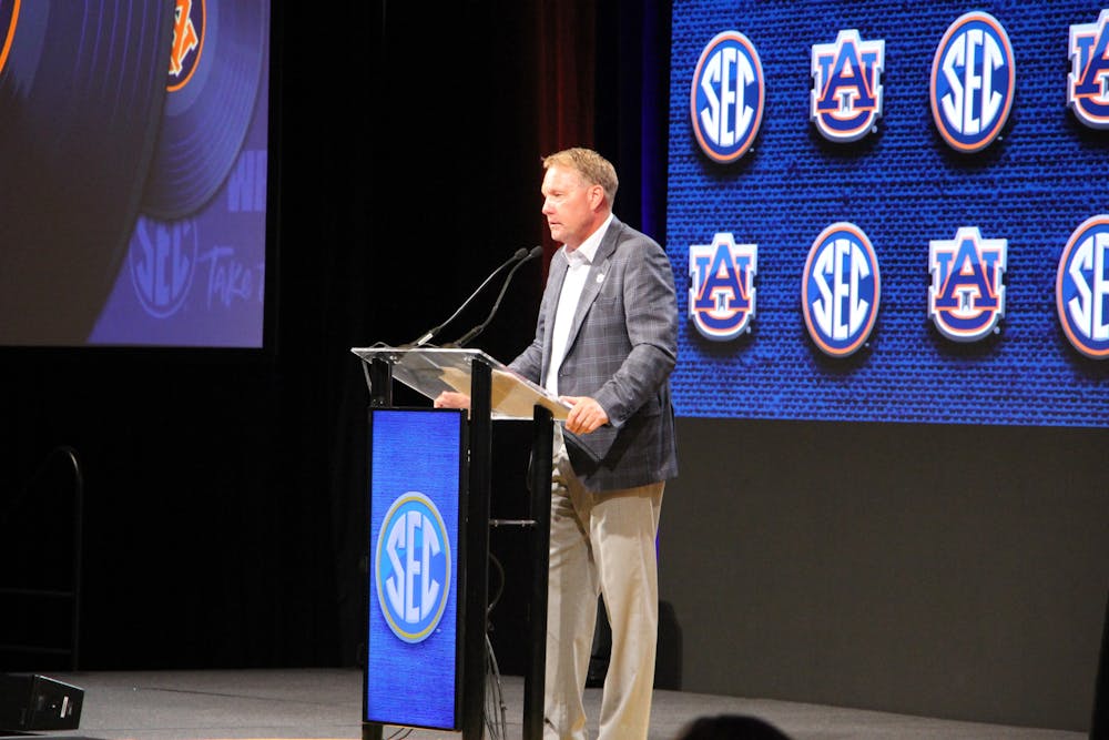 Hugh Freeze stands at the podium at SEC Media Days in Nashville, Tennessee, on July 18, 2023.