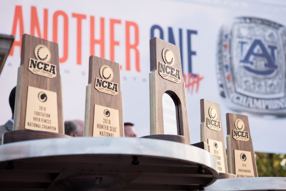 <p>Auburn's championship trophies at the&nbsp;celebration of Auburn's fifth equestrian national championship in Auburn, Ala. on Tuesday, April 24, 2018.</p>