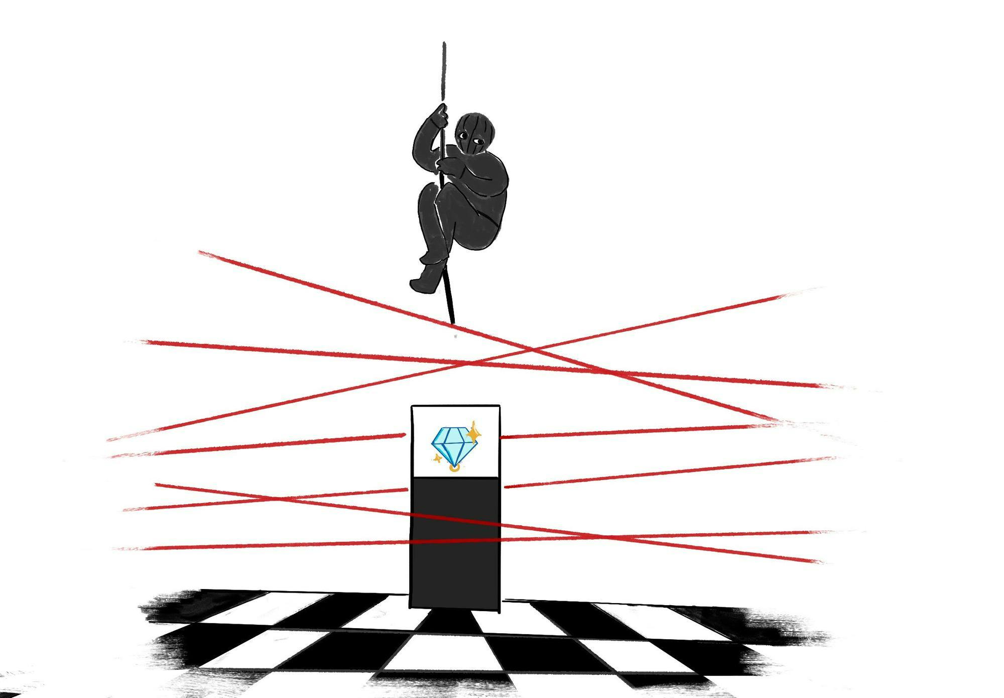 A figure in black climbs a rope above red laser beams directed at a pedestal featuring a diamond icon.