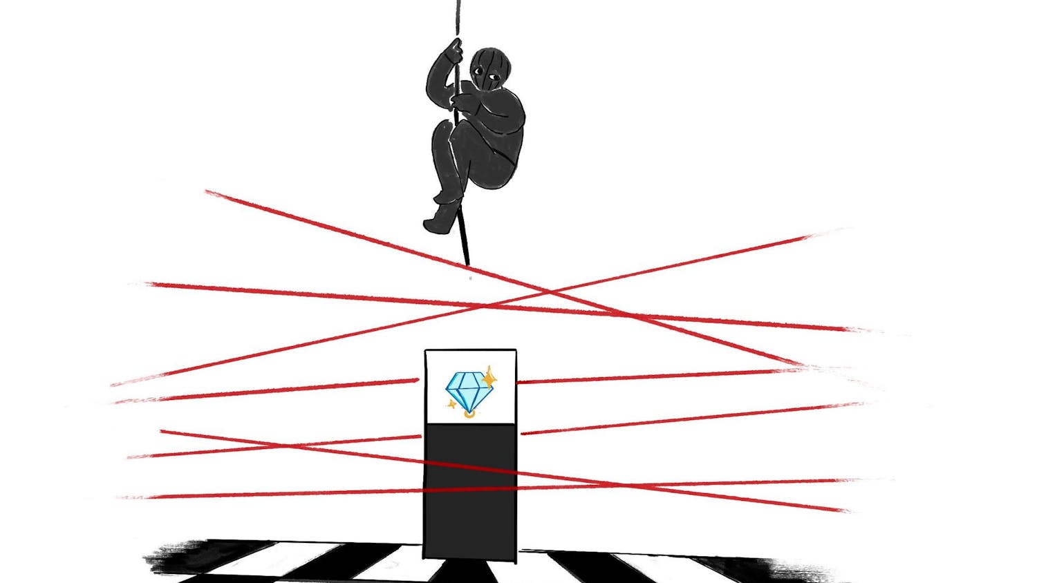 A figure in black climbs a rope above red laser beams directed at a pedestal featuring a diamond icon.