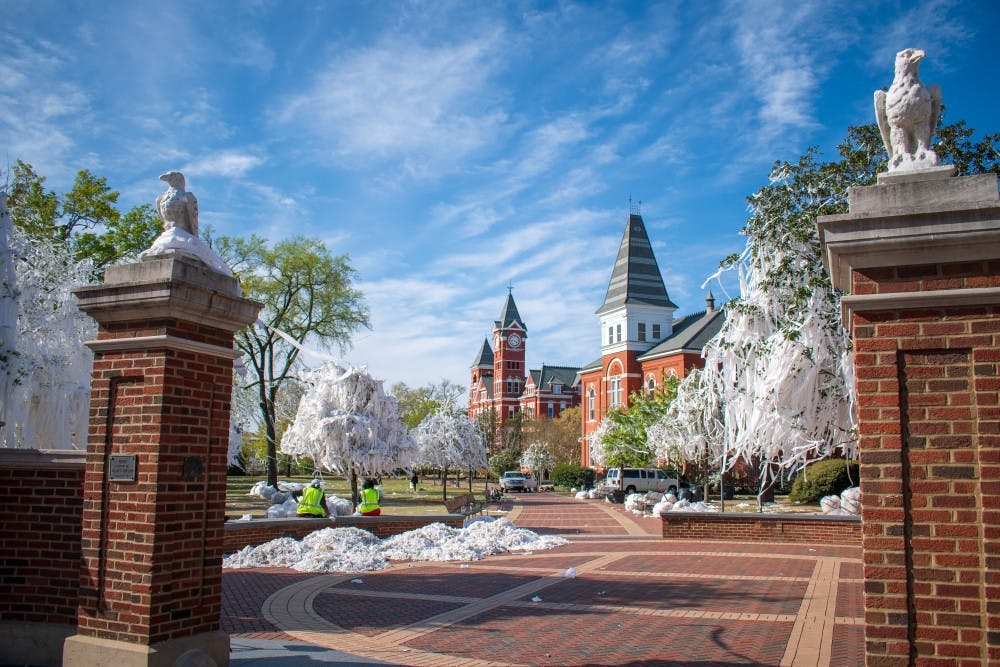 The trees at Toomer's Corner sit covered in toilet paper following Auburn's Elite Eight win over Kentucky, on Monday, April 1, 2019, in Auburn, Ala.