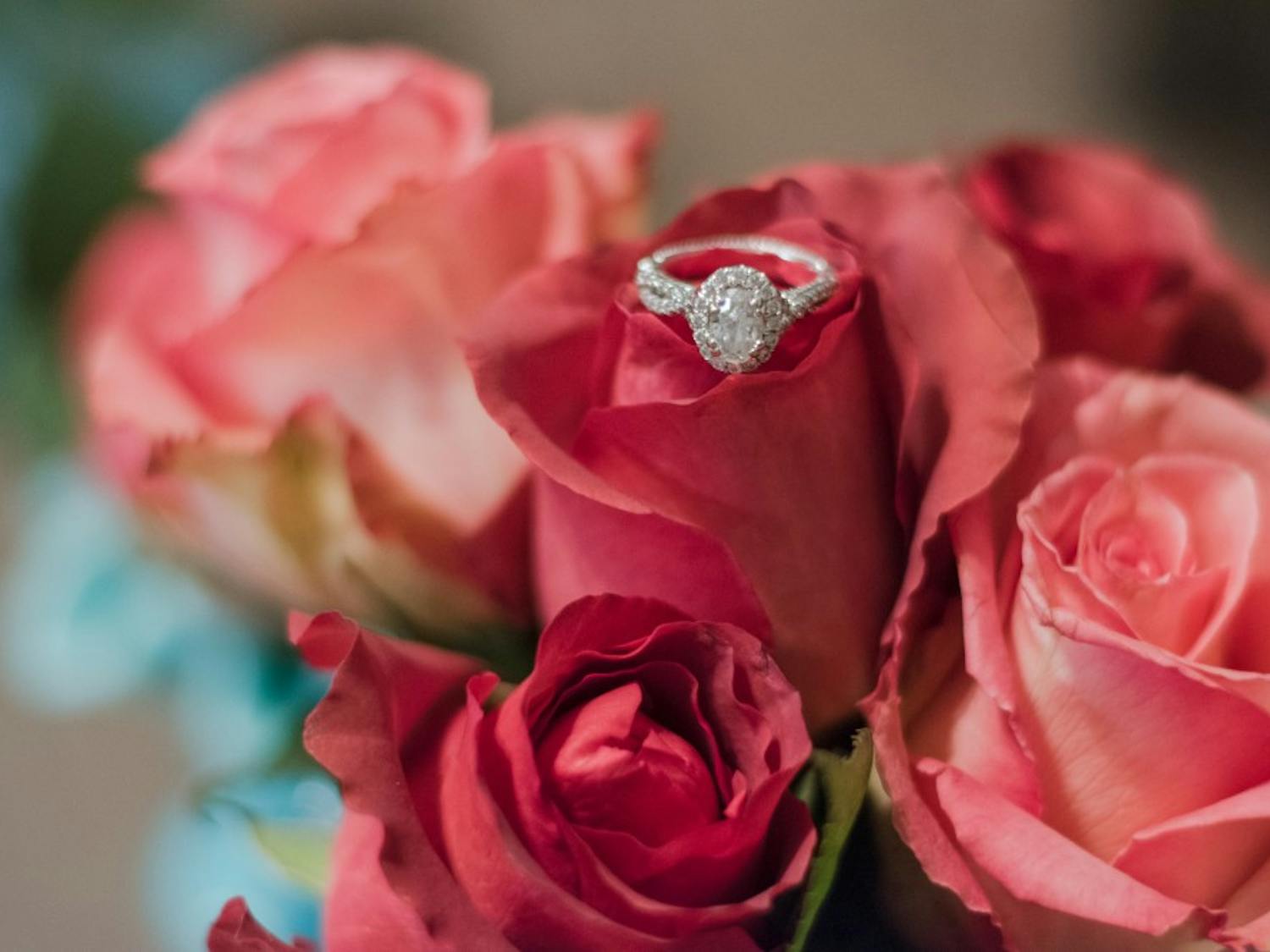 A Verragio diamond engagement ring sits on top of a vase of roses on Monday, Feb. 5, 2018, in Auburn, Ala.