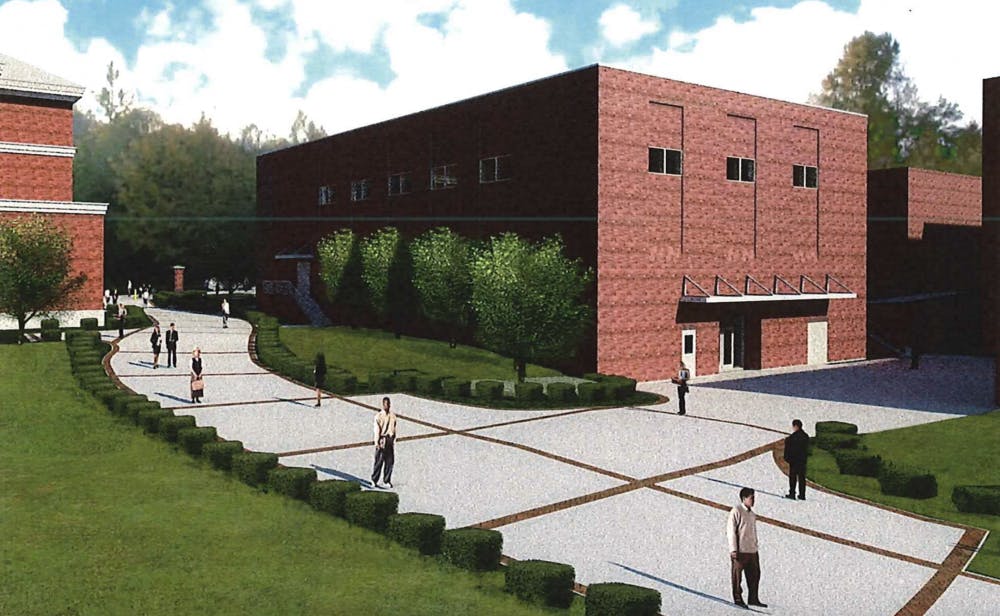 A preliminary architectural rendering shows plans for a new band rehearsal hall on West Samford Avenue east of Goodwin Hall. 