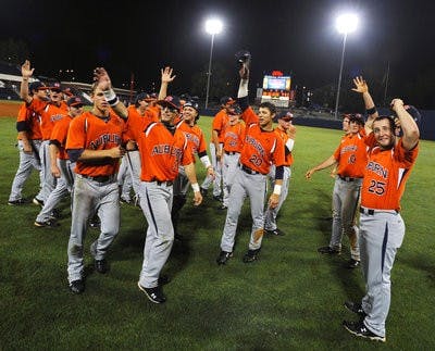 Auburn celebrates its 18-4 win over Ole Miss after winning the SEC West May 21, 2010. (Todd van emst / media relations)