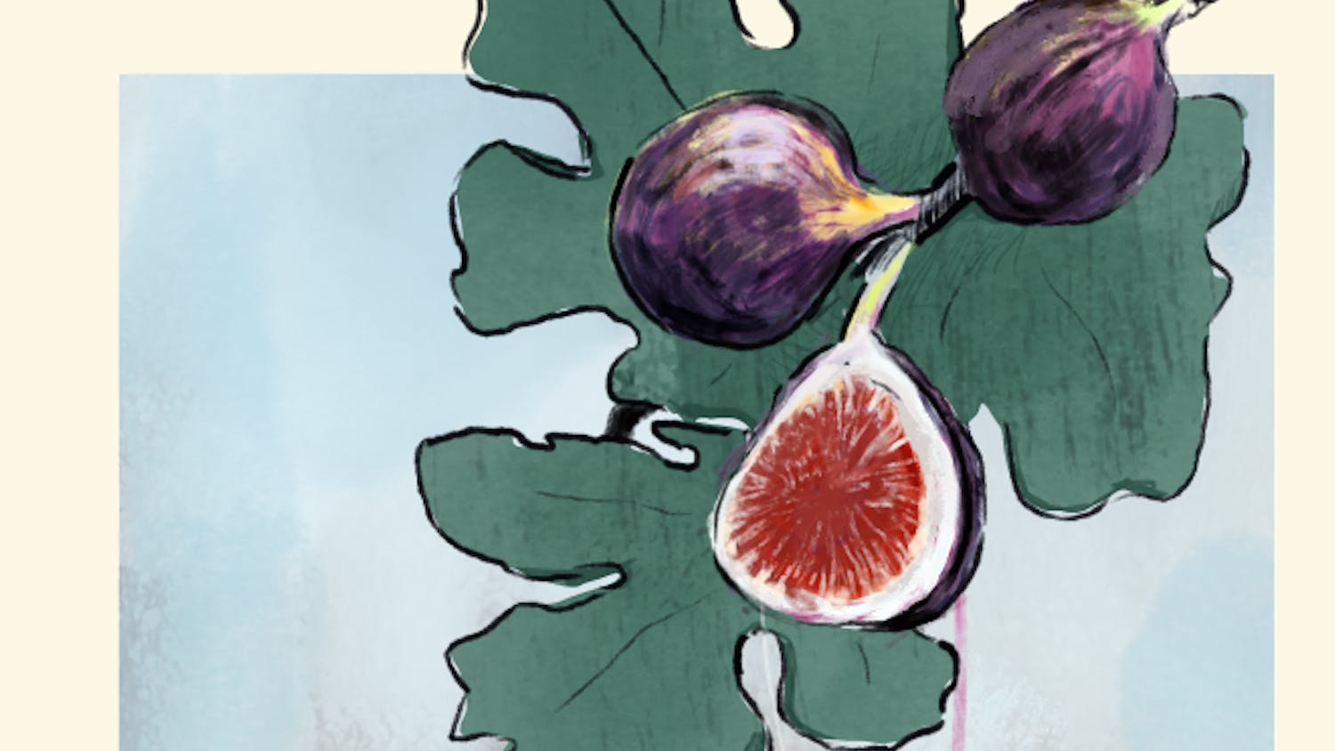 Three figs, with one cut open, rest on green leaves against a blue and yellow background.