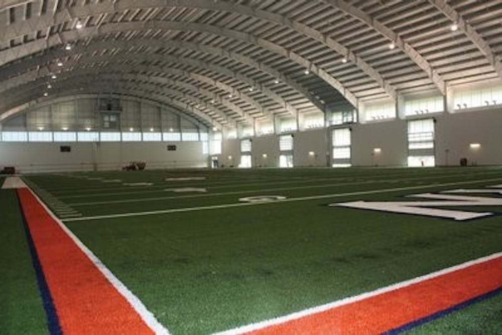 The indoor practice facililty is scheduled to be finished July 29. The football players would be allowed to be in the facility on the July 30, but won't report to practice until a few days later. (Nicole Singleton / Sports Editor)