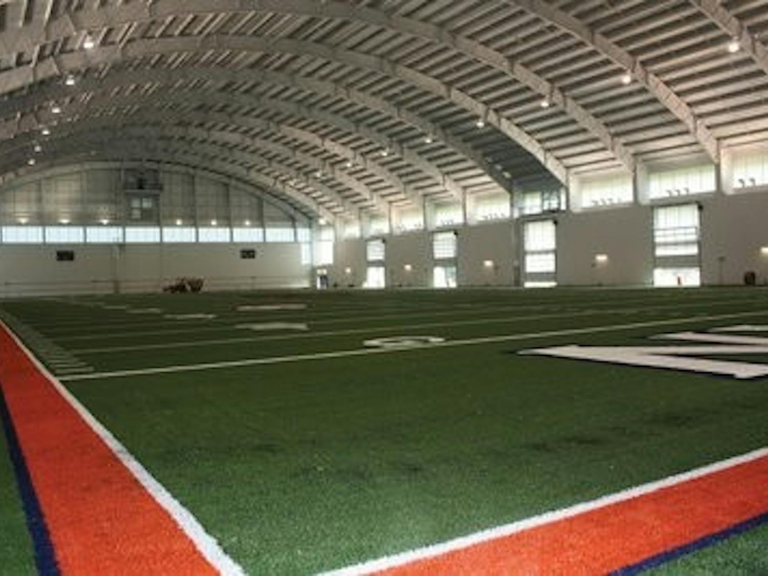The indoor practice facililty is scheduled to be finished July 29. The football players would be allowed to be in the facility on the July 30, but won't report to practice until a few days later. (Nicole Singleton / Sports Editor)