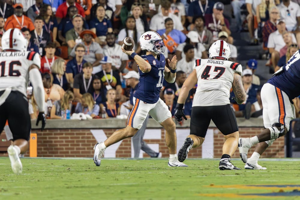 Jackson Arnold (#11) throws a pass during the football game against Ball State in Jordan-Hare Stadium on Sept. 6, 2025.