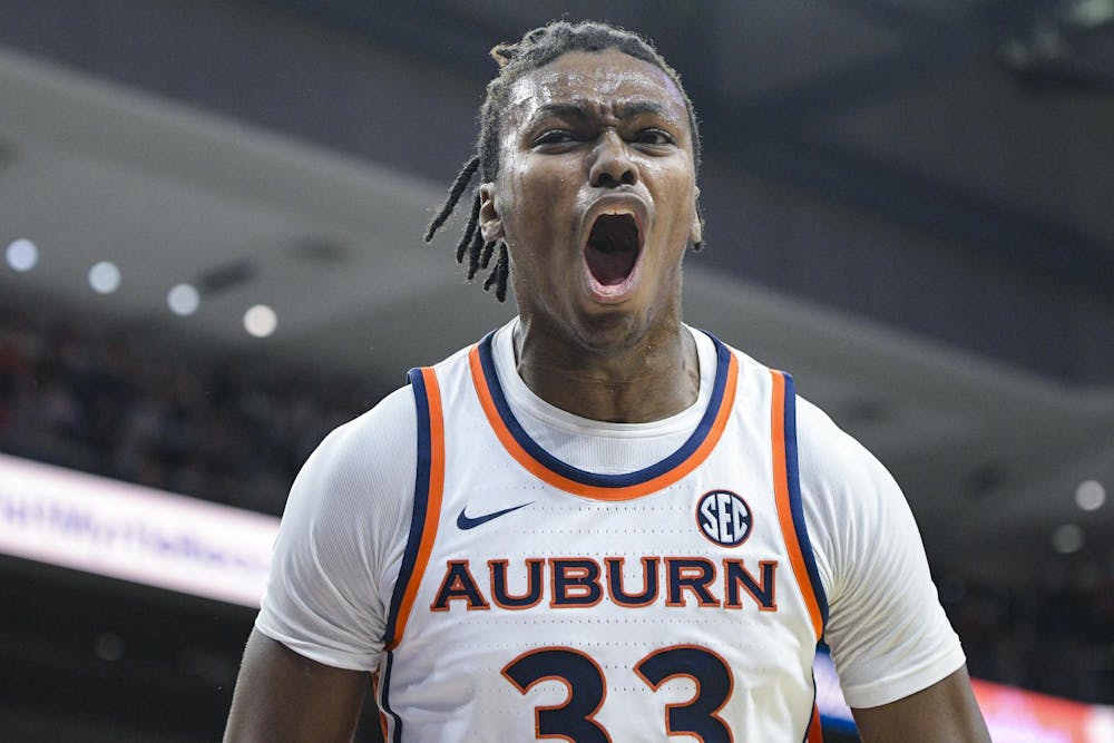 Auburn Forward Sebastian Williams-Adams (33) celebrates after shooting a layup during a matchup against Bethune-Cookman University in Neville Arena on Monday, Nov. 3, 2025.