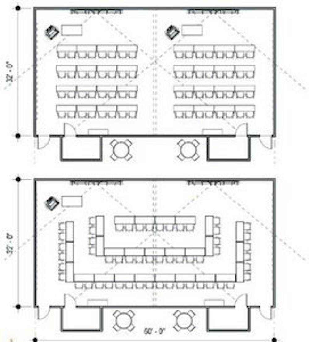 A possible blueprint for flat flexible classrooms, which would hold from 32-120 seats. (Courtesy of Facilities Management)