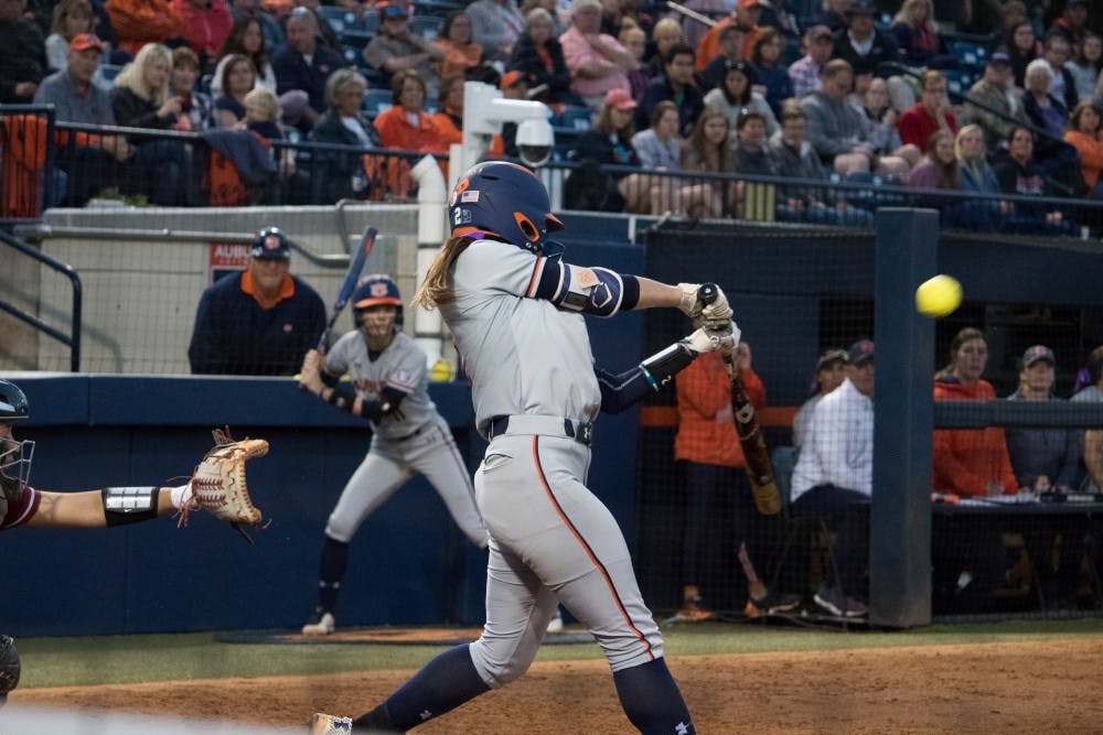 Taylon Snow (2)&nbsp;hits the ball&nbsp;for Auburn Softball against Arkansas Friday, April 20, 2018, in Auburn, Ala.&nbsp;