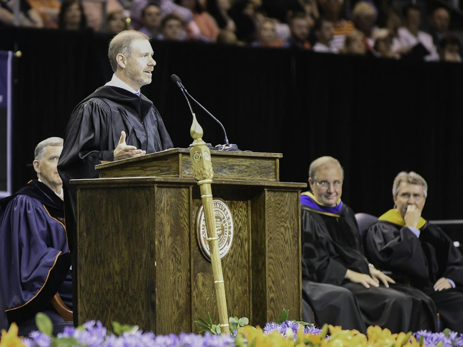 Chris Moody, vice president of Twitter and Auburn alumnus, delievers the commencement speech at spring graduation at Auburn Arena on Saturday, May 7, 2016. 