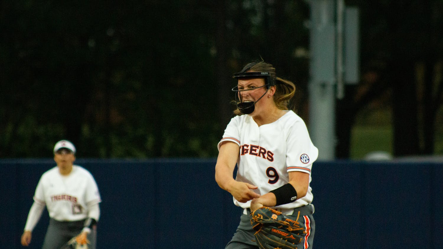 Maddie Penta (#9) pitches for Auburn Softball against UAB on March 9, 2024