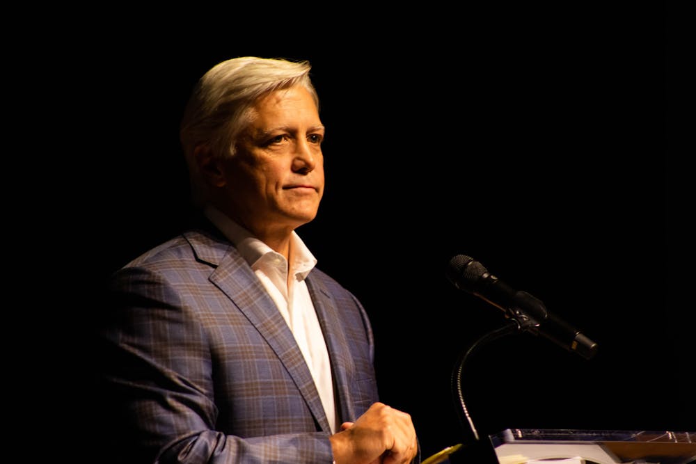 <p>Mayor Ron Anders delivers his third annual State of the City address on Monday, Oct. 25, 2021, in the Jay and Susie Gogue Performing Arts Center in Auburn, Ala.</p>
