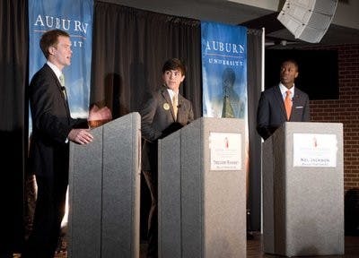 Kirby Turnage speaks during the SGA presidential candidate debates in the Student Center Monday night. (Derek Lacey / CAMPUS EDITOR)