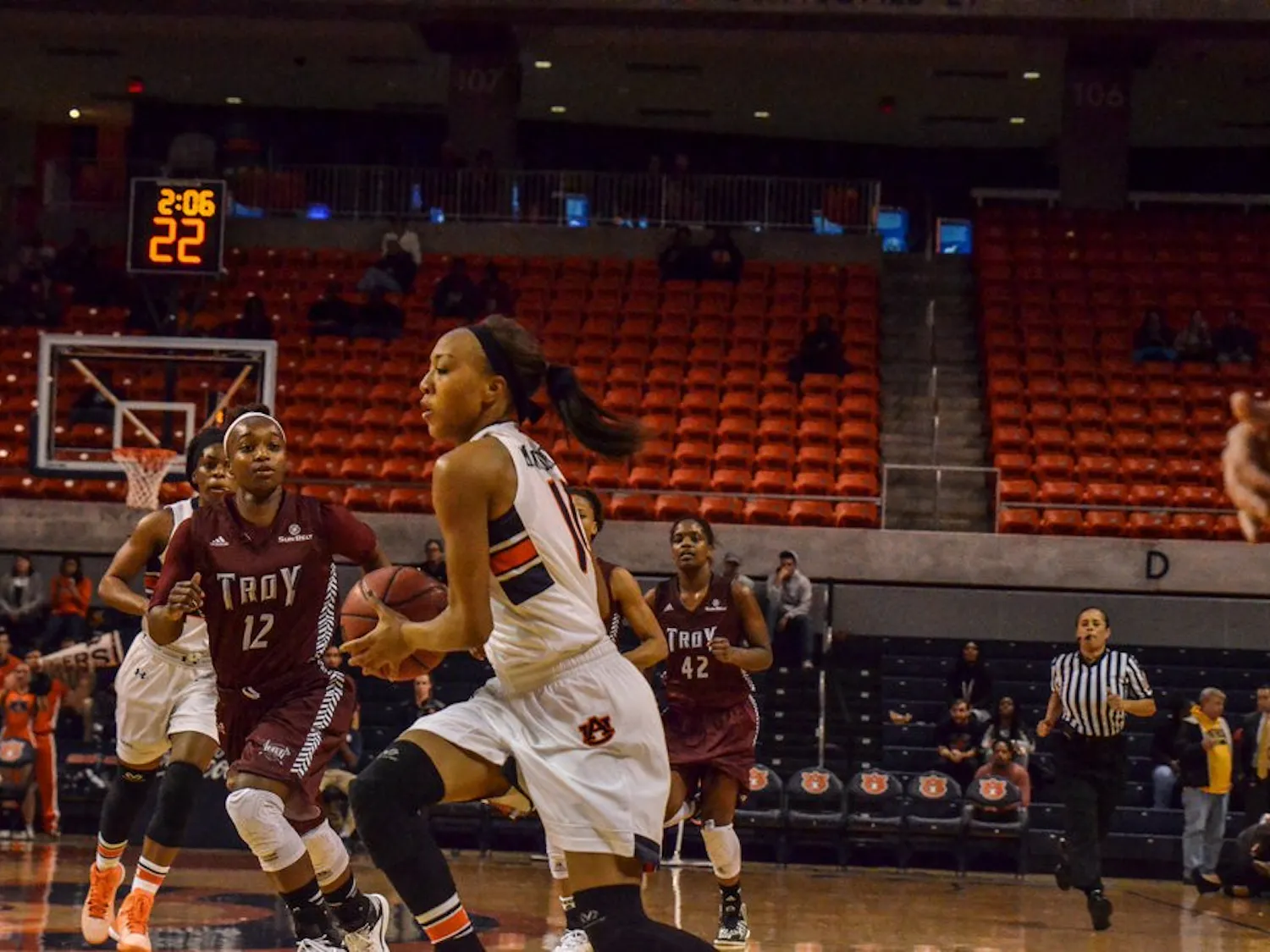 Brandy Montgomery drives down the court against Troy at the Auburn Arena Friday, Nov 14.
Raye May / PHOTO EDITOR