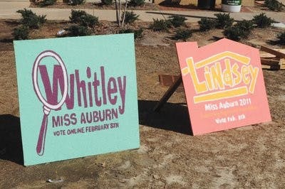 Miss Auburn signs decorate campus during campaign week. The Division of Student Affairs now expects each candidate, not just the winner, to fulfill her platform. (Christen Harned / Assistant Photo Editor)