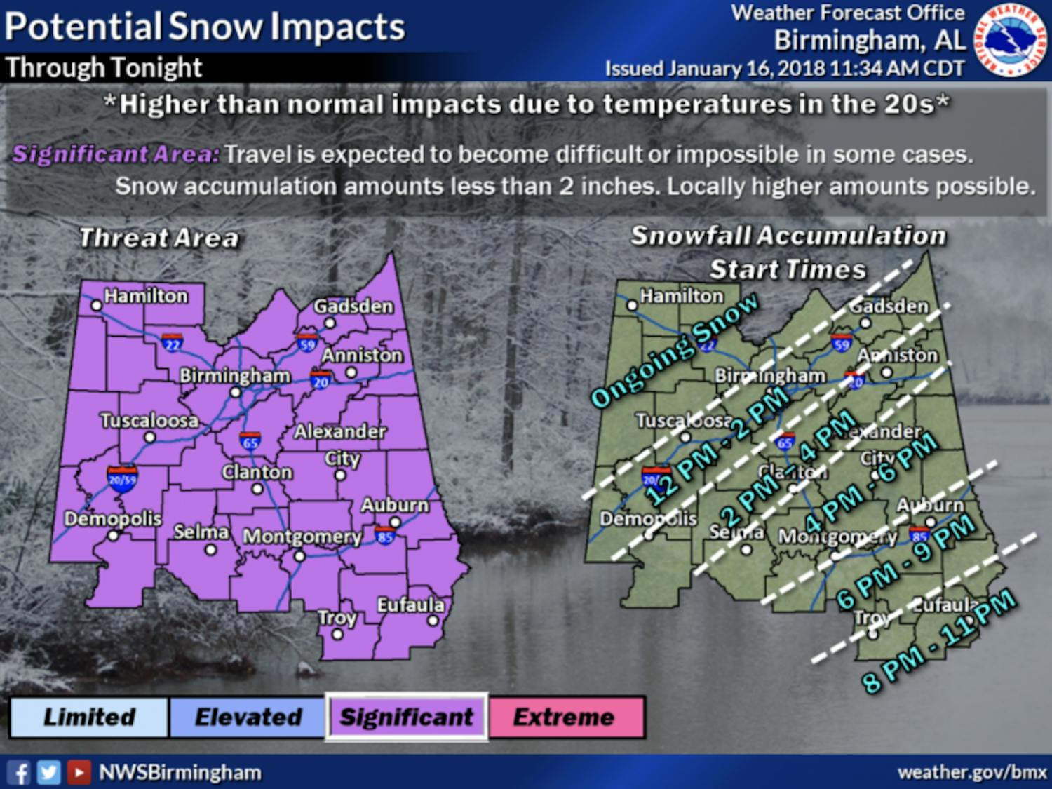 Auburn is included in a "significant" impact area, which includes much of the rest of the state, ahead of a winter weather event on Tuesday, Jan. 16, 2018.