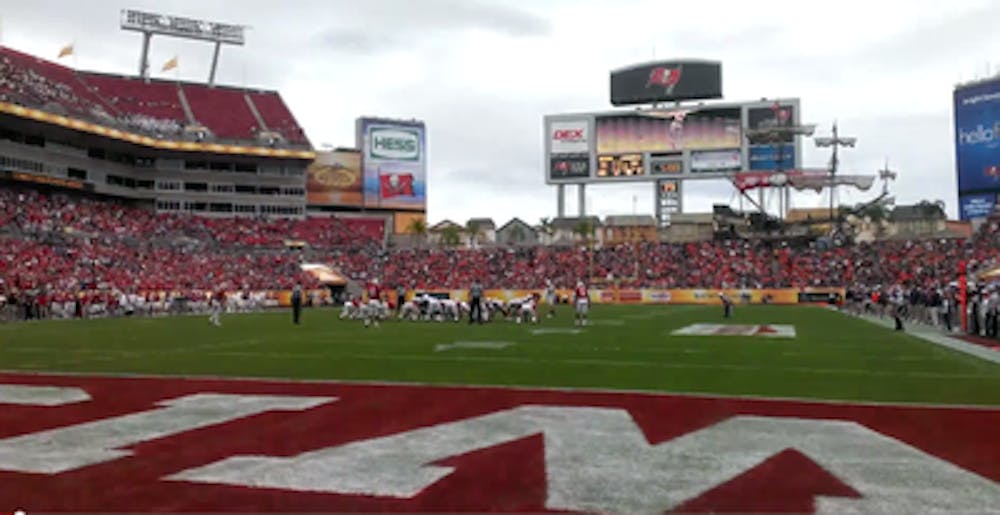 Daniel Carlson lines up for a potential game-tying field goal in the Outback Bowl. Carlson's attempt would go off the upright, and Auburn would lose to Wisconsin 34-31 in overtime. (Eric Wallace / Sports Editor)