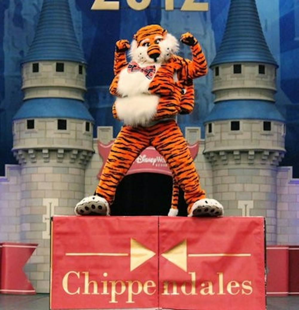 Aubie sports a fat suit at the end of his performance for the UCA National Mascot Competition as a parody of Chris Farley's famous Chippendales skit on "Saturday Night Live."  (Rebekah Weaver)