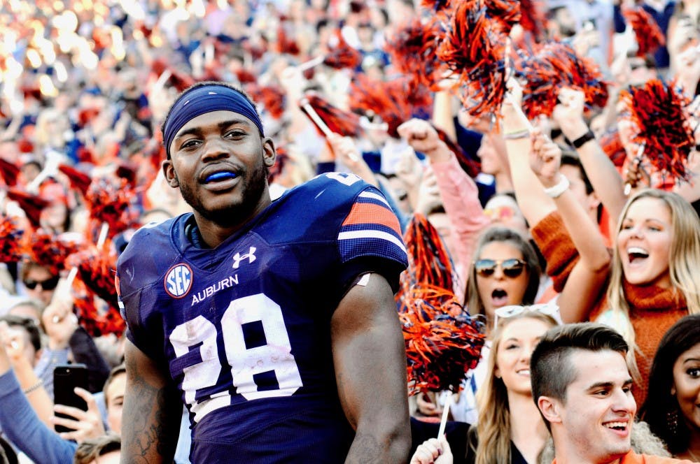 JaTarvious Whitlow (28) celebrates The Auburn Tigers win against Texas A&M on Saturday, Nov. 3, 2018, in Auburn, Ala.