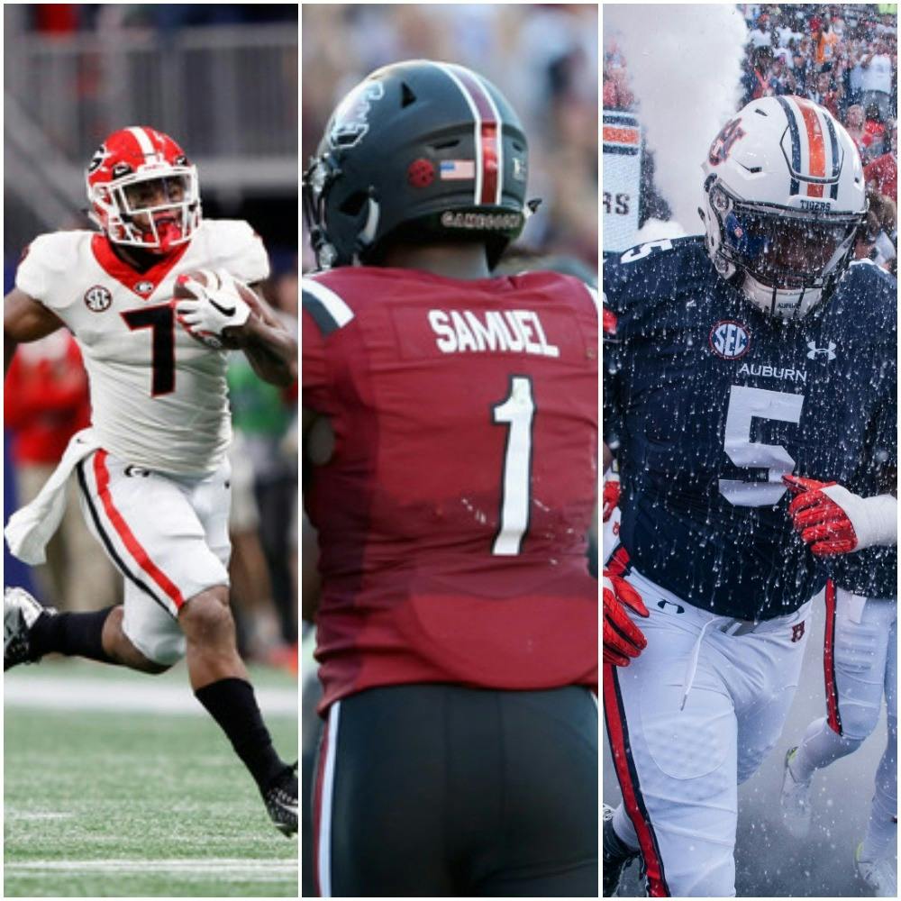 <p>Left to right: D'Andre Baker (Getty Images), Deebo Samuel (Getty Images), Derrick Brown (File).</p>