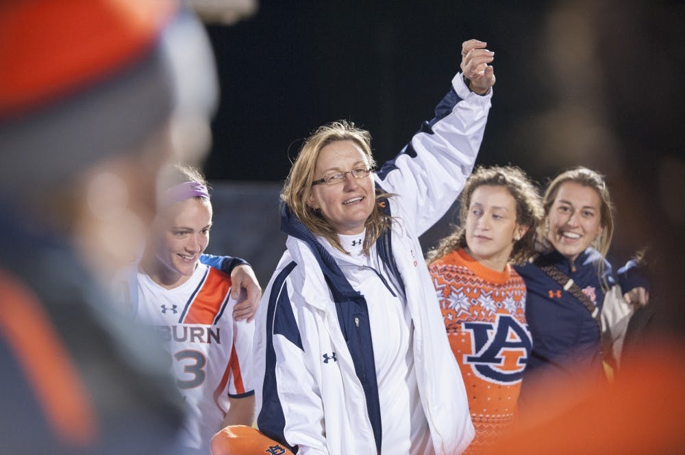 <p>Auburn soccer head coach Karen Hoppa celebrates with her team after their 1-0 victory over Southeastern Louisiana University in the first round of the NCAA playoffs. SLU vs Auburn soccer at the Auburn Soccer Complex on Saturday, Nov. 14.</p>
